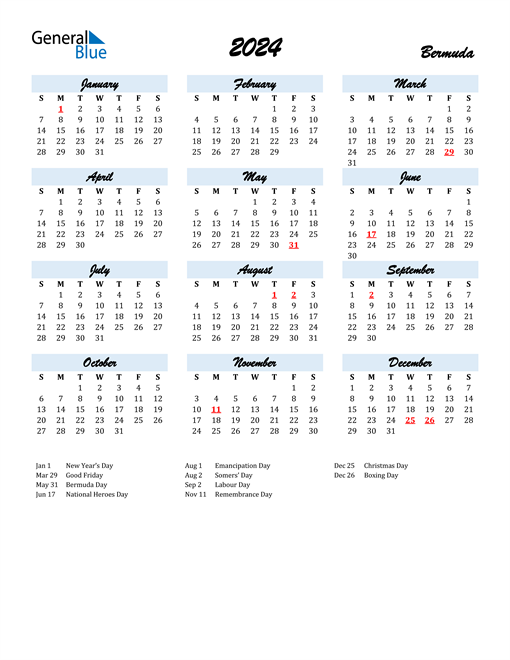 2024 Calendar for Bermuda with Holidays