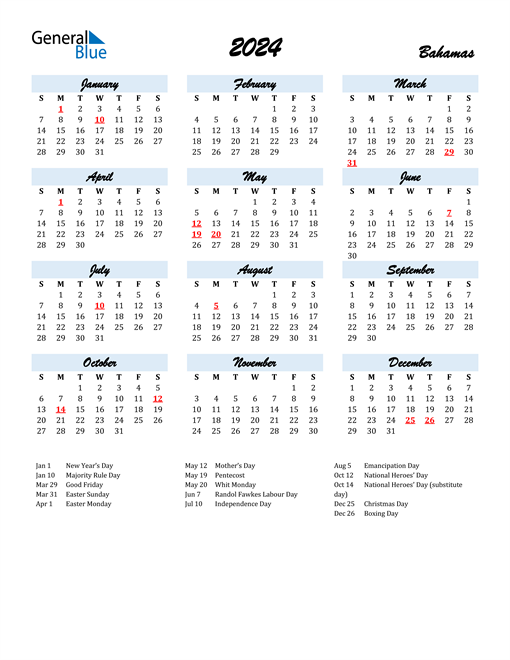 2024 Bahamas Calendar with Holidays