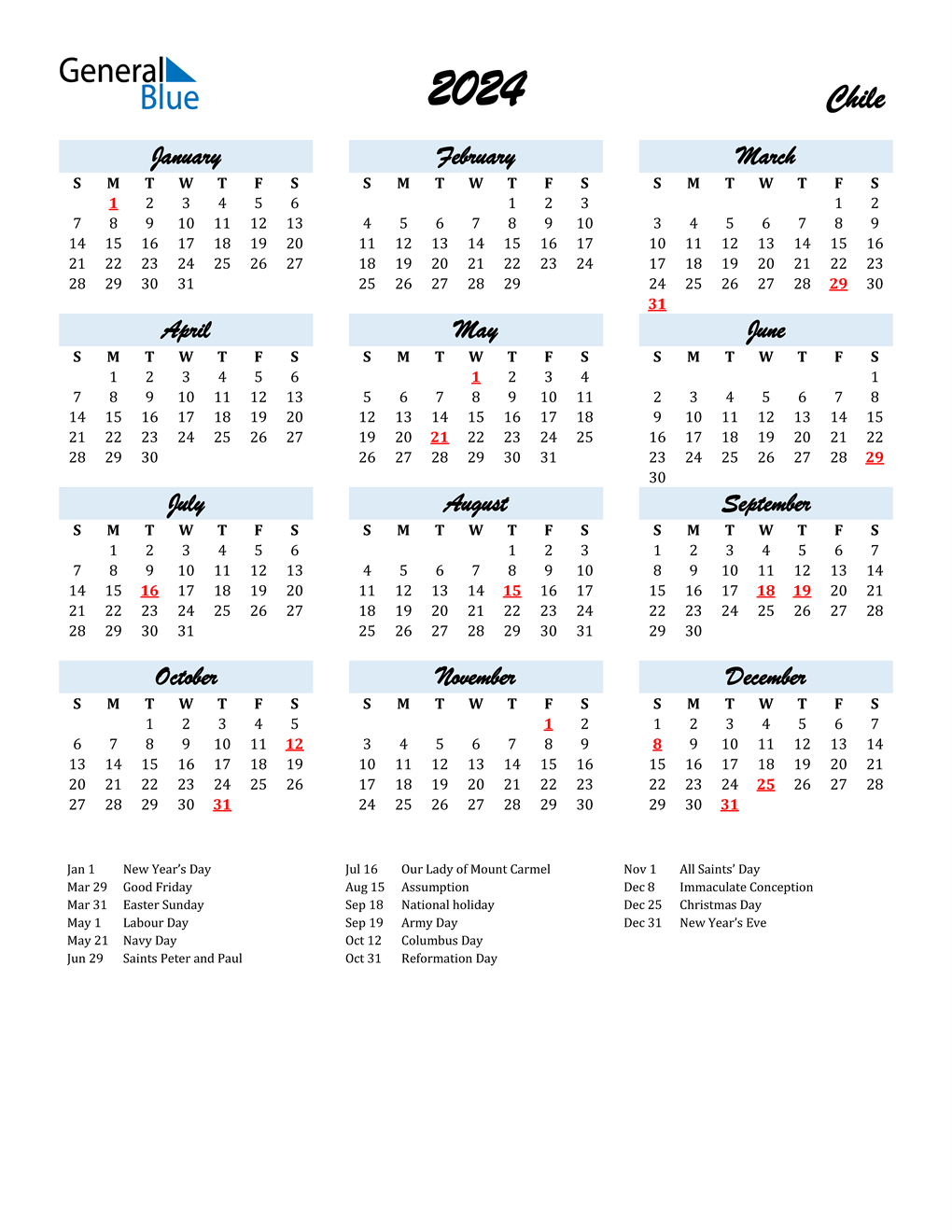 2024 Chile Calendar with Holidays