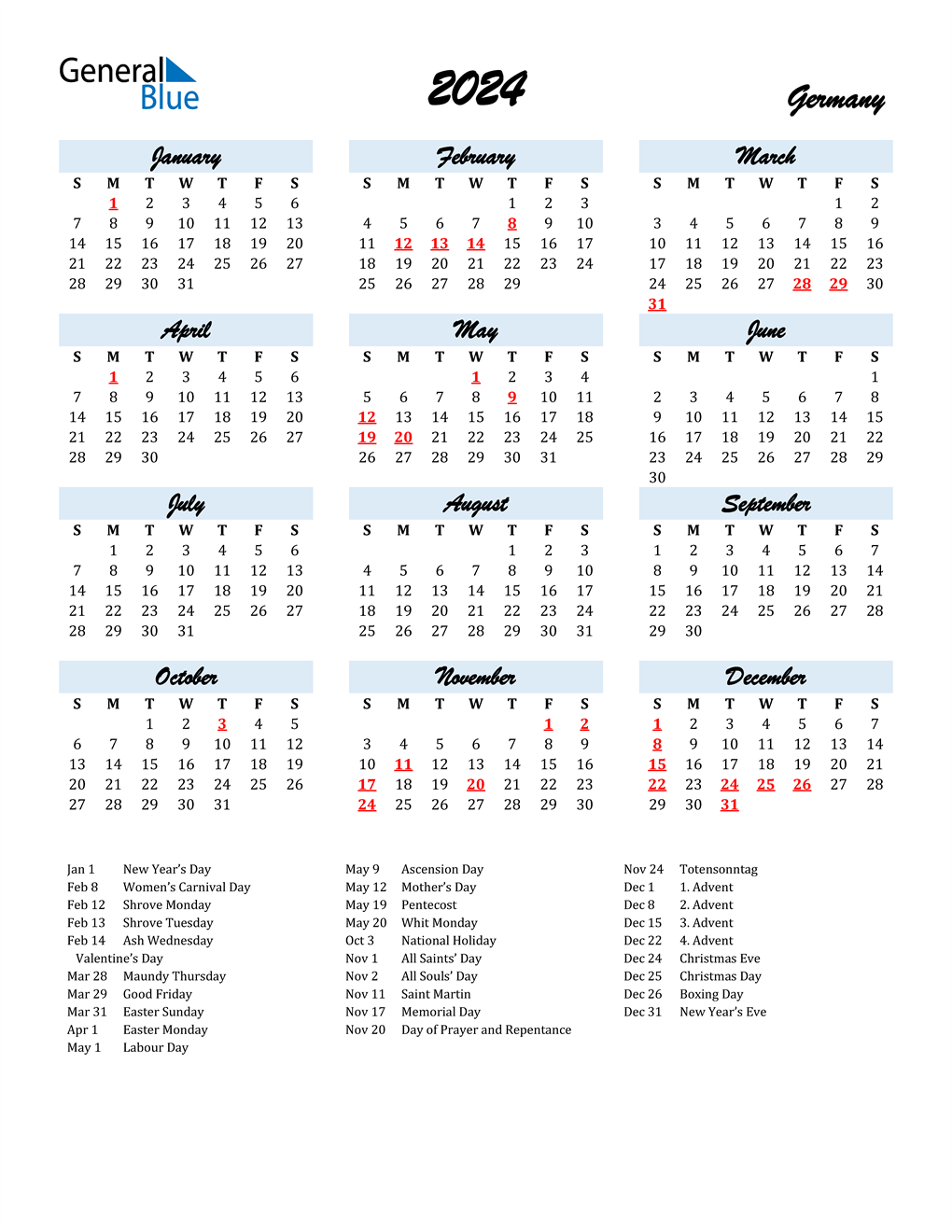 2024 Germany Calendar with Holidays