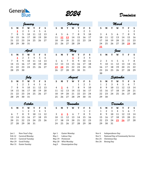 2024 Calendar for Dominica with Holidays