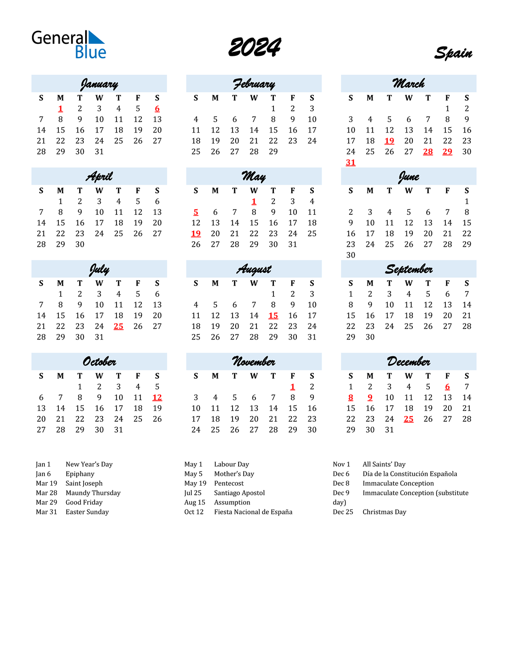 2024 Spain Calendar with Holidays