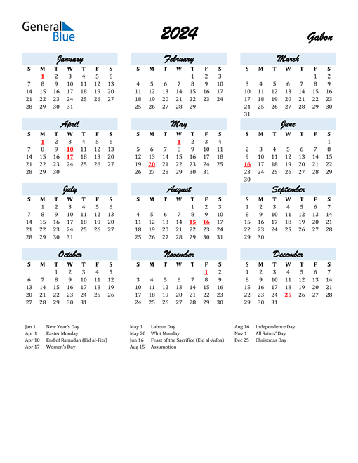 2024 Calendar for Gabon with Holidays