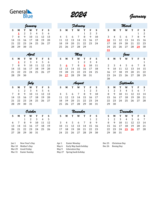 2024 Calendar for Guernsey with Holidays
