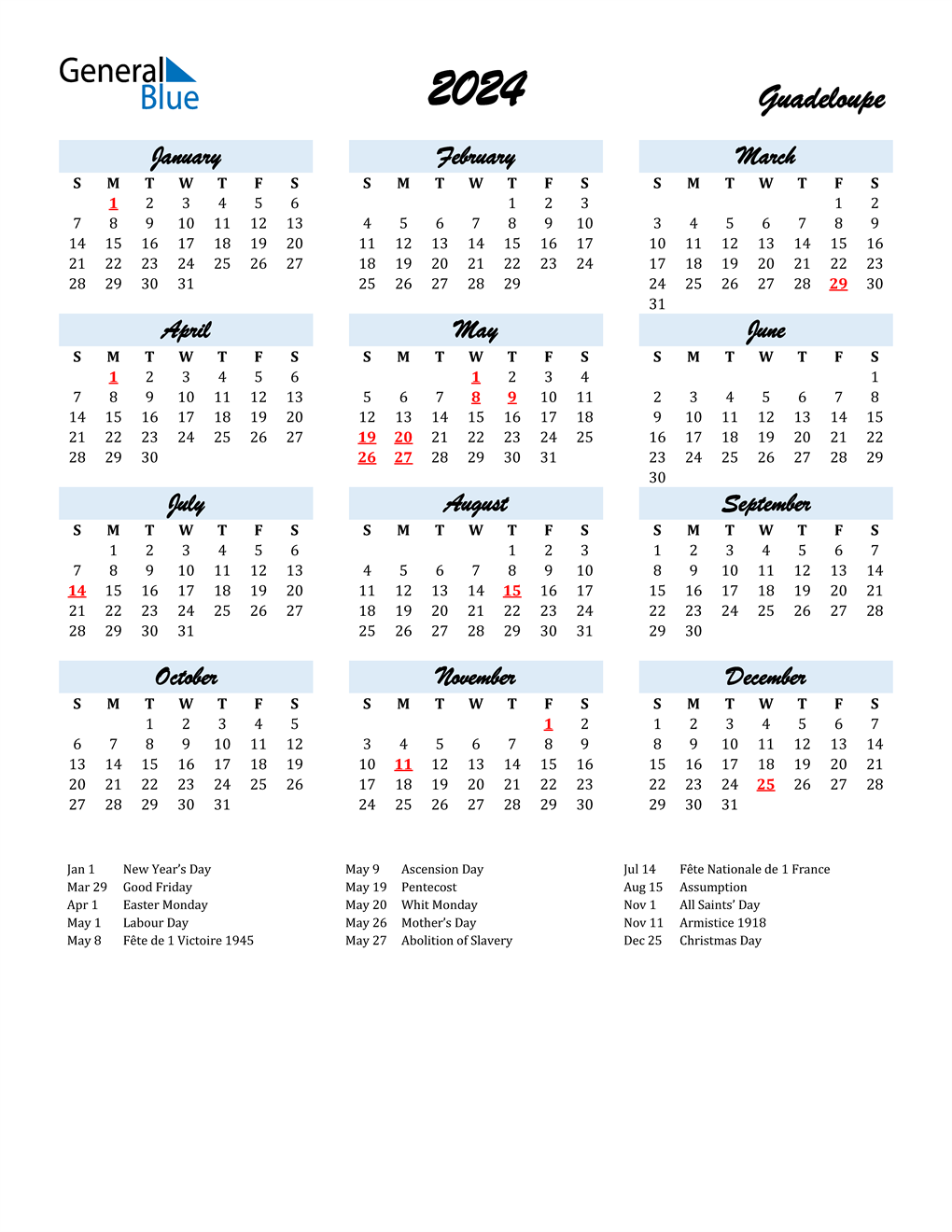 2024 Guadeloupe Calendar with Holidays