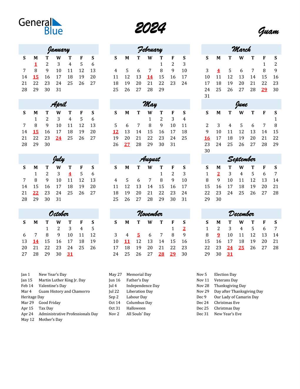 2024 Guam Calendar with Holidays