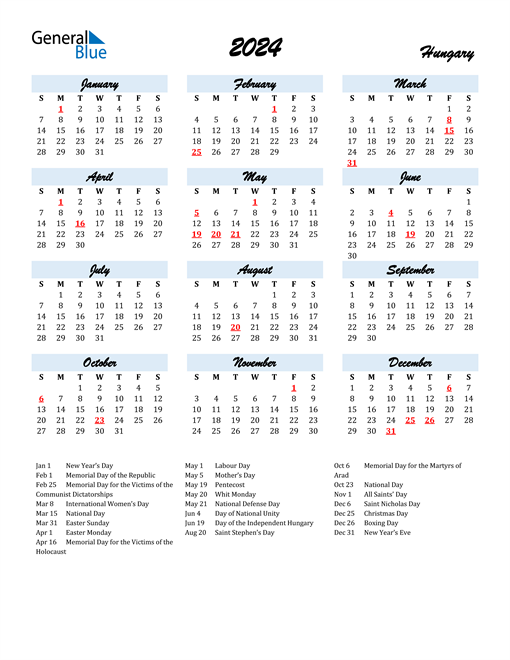 2024 Calendar for Hungary with Holidays