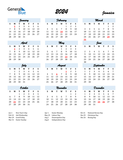 2024 Calendar for Jamaica with Holidays