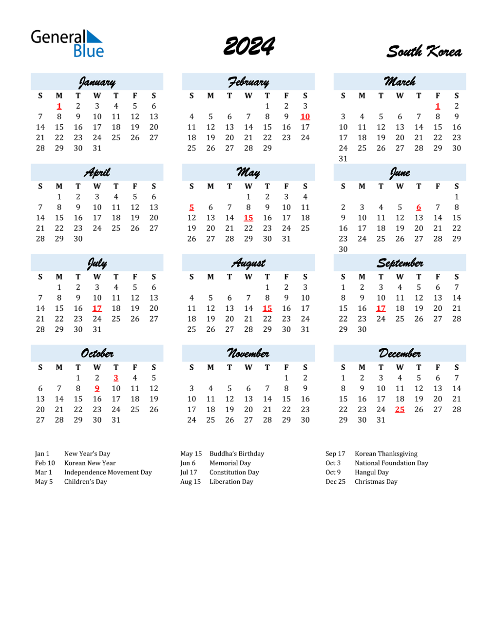 2024 South Korea Calendar with Holidays