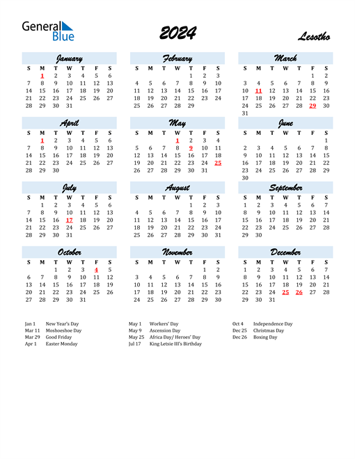 2024 Calendar for Lesotho with Holidays