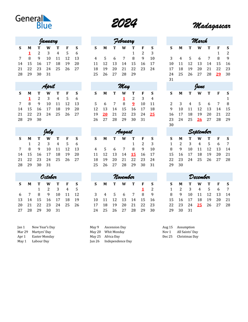 2024 Madagascar Calendar with Holidays