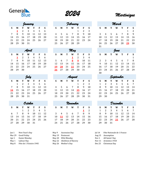 2024 Calendar for Martinique with Holidays