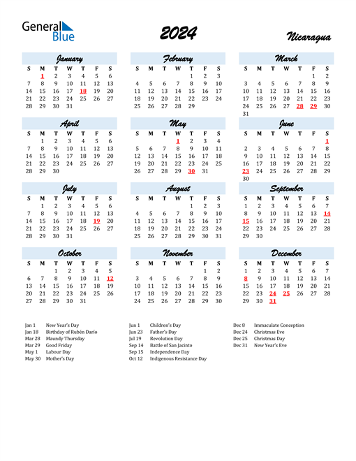 2024 Calendar for Nicaragua with Holidays