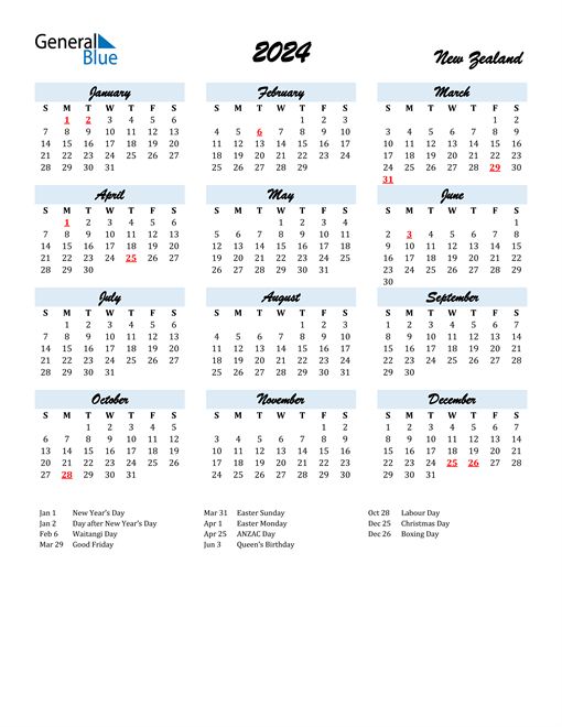Calendar For Year 2024 New Zealand Suzie Etheline