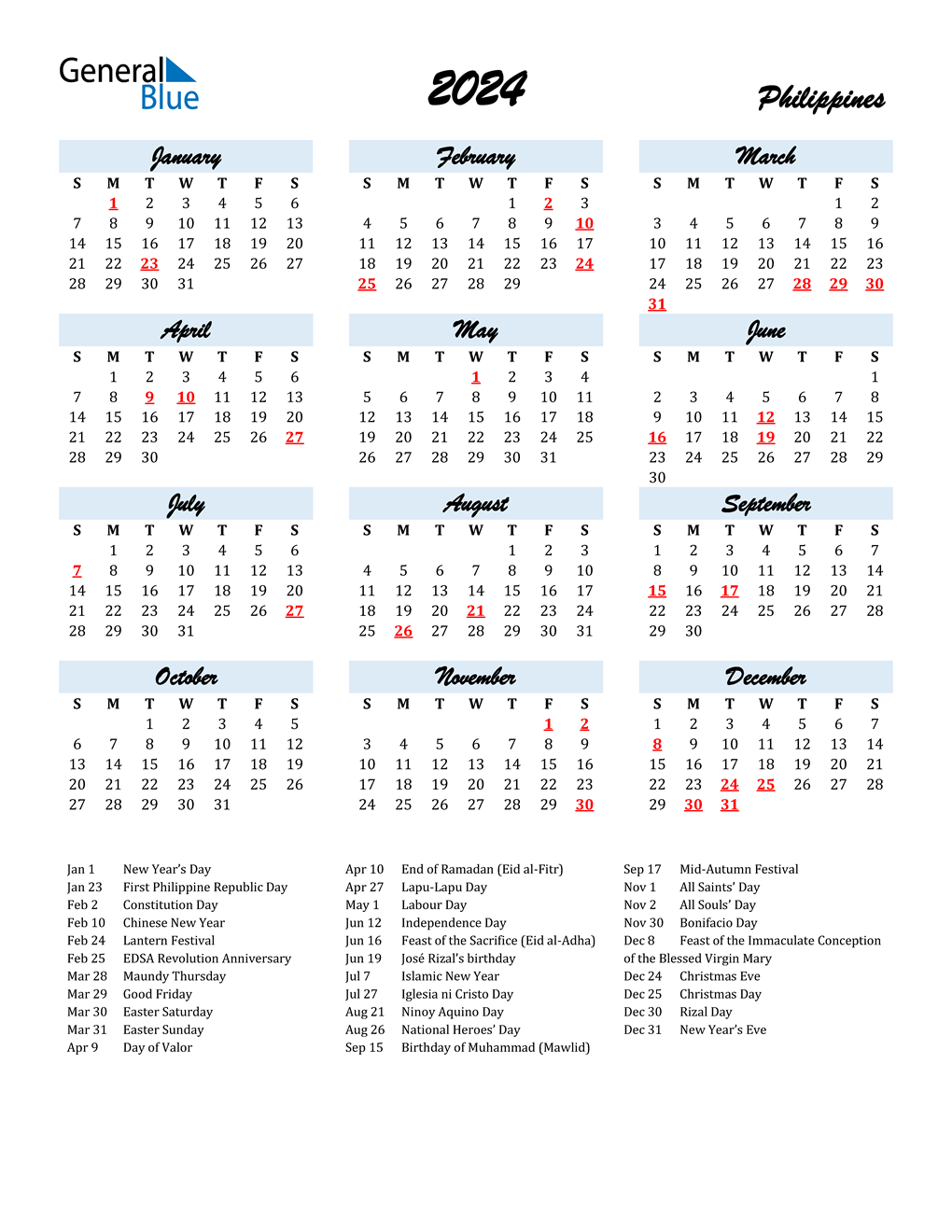 2024 Calendar Blue Script With Holidays Portrait En Ph 1020x1320 