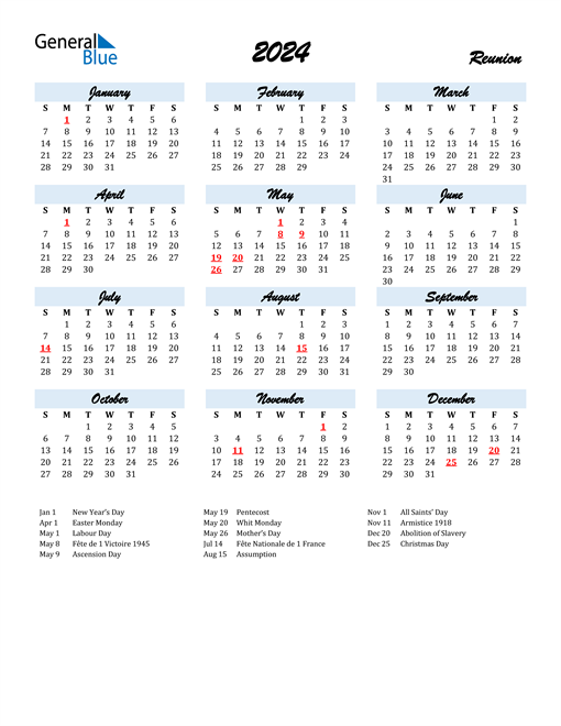 2024 Calendar for Reunion with Holidays
