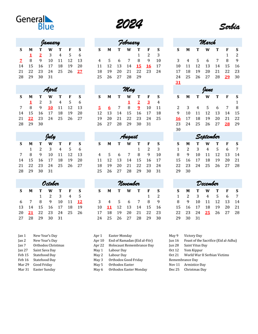 2024 Serbia Calendar with Holidays