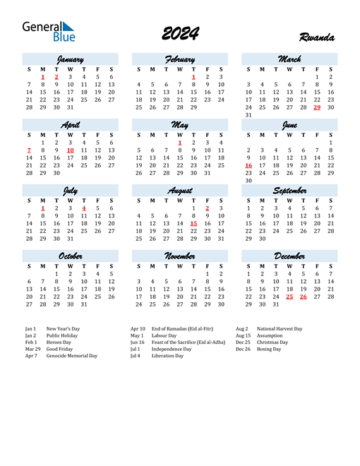 2024 Calendar for Rwanda with Holidays