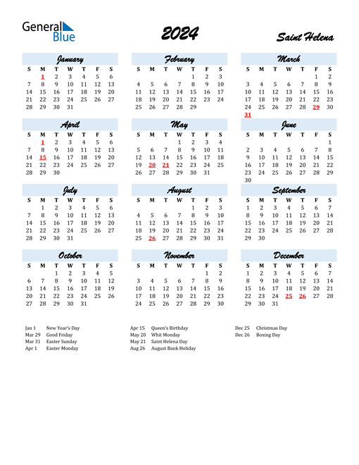 2024 Calendar for Saint Helena with Holidays