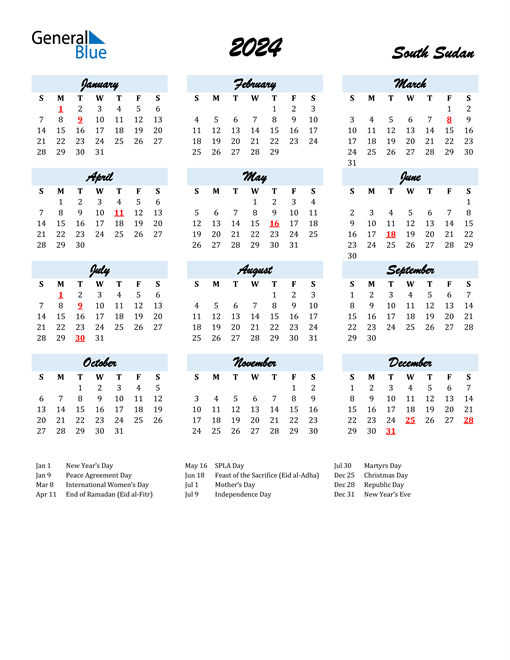 2024 Calendar for South Sudan with Holidays