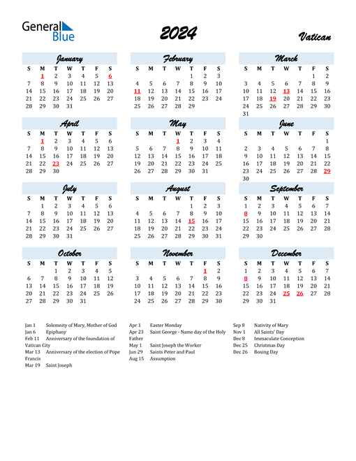 2024 Calendar for Vatican with Holidays