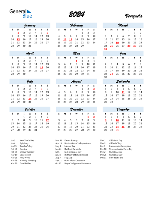 2024 Calendar for Venezuela with Holidays