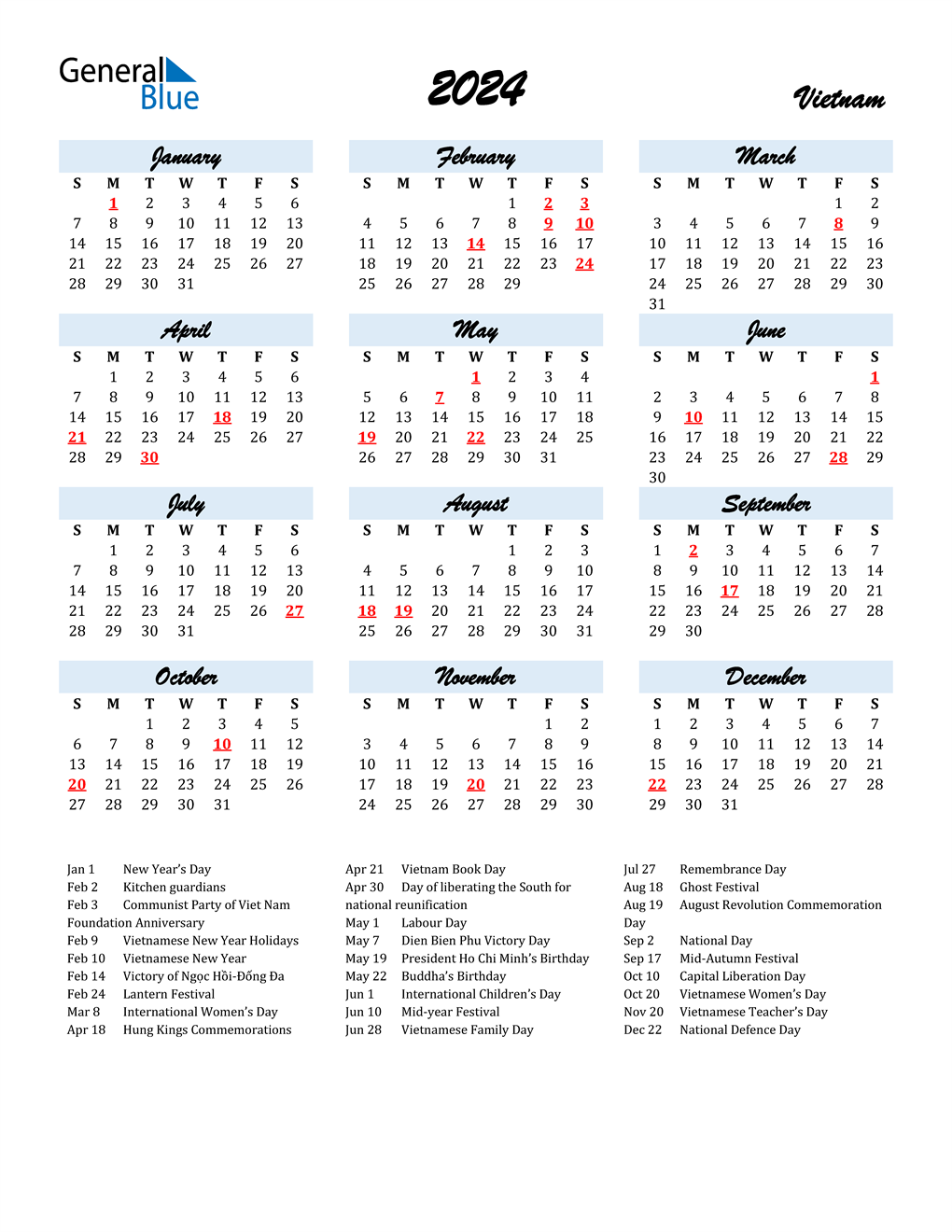 2024 Vietnam Calendar with Holidays