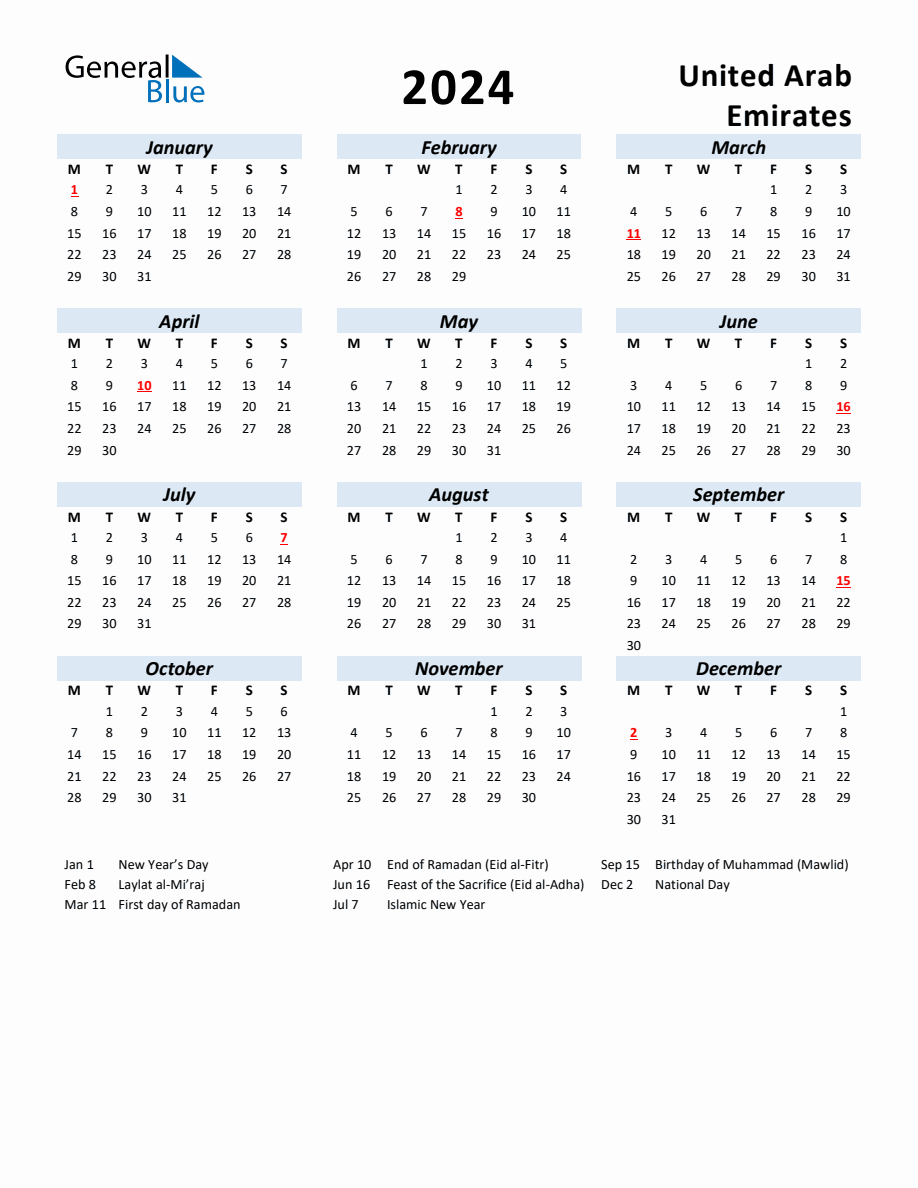 2024 Yearly Calendar for United Arab Emirates with Holidays