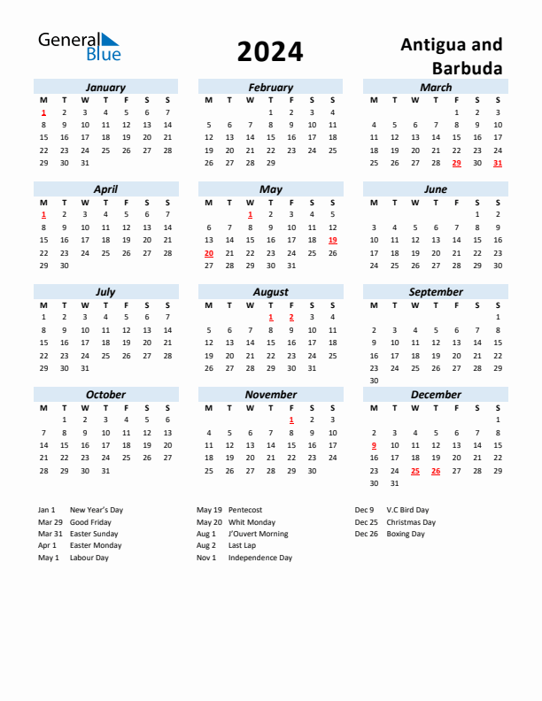 2024 Calendar for Antigua and Barbuda with Holidays