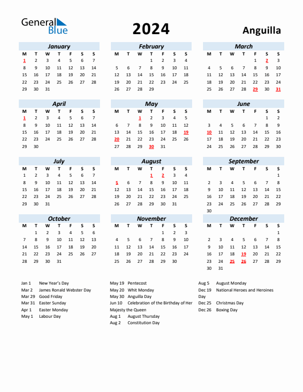 2024 Calendar for Anguilla with Holidays