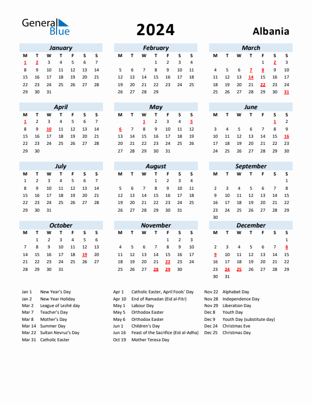 2024 Calendar for Albania with Holidays