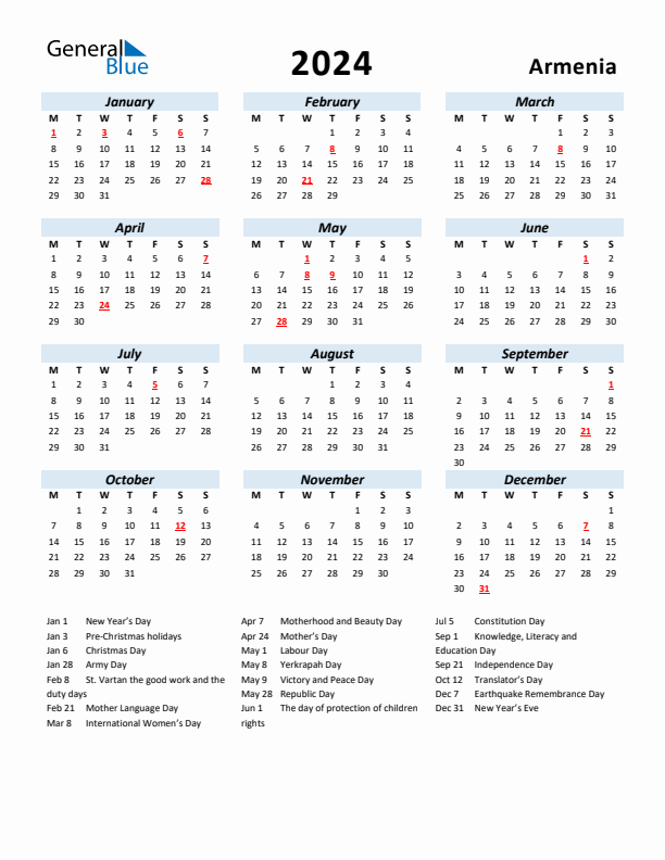 2024 Armenia Calendar with Holidays
