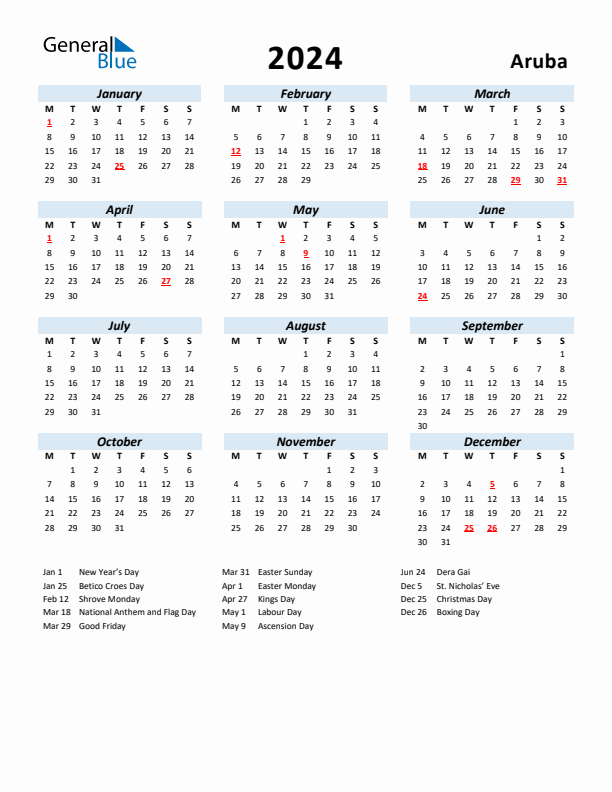 2024 Calendar for Aruba with Holidays
