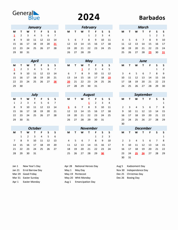 2024 Calendar for Barbados with Holidays