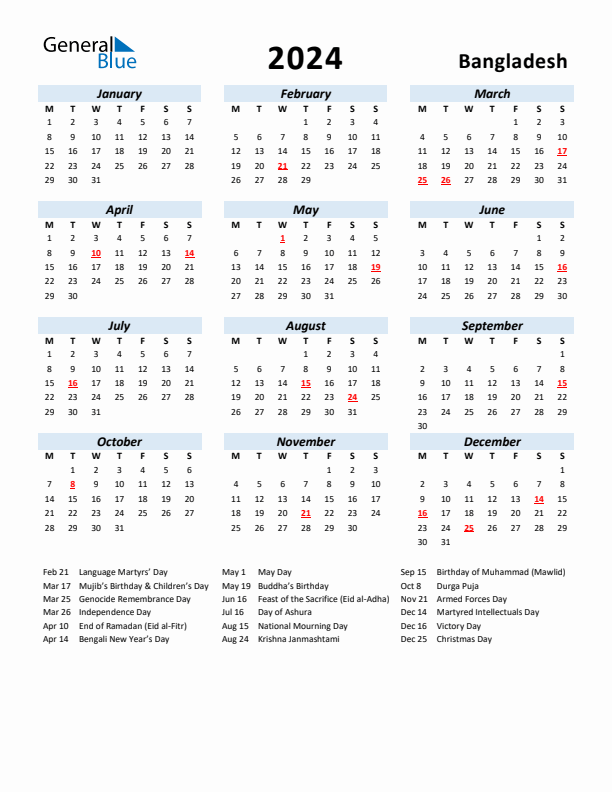 2024 Yearly Calendar for Bangladesh with Holidays