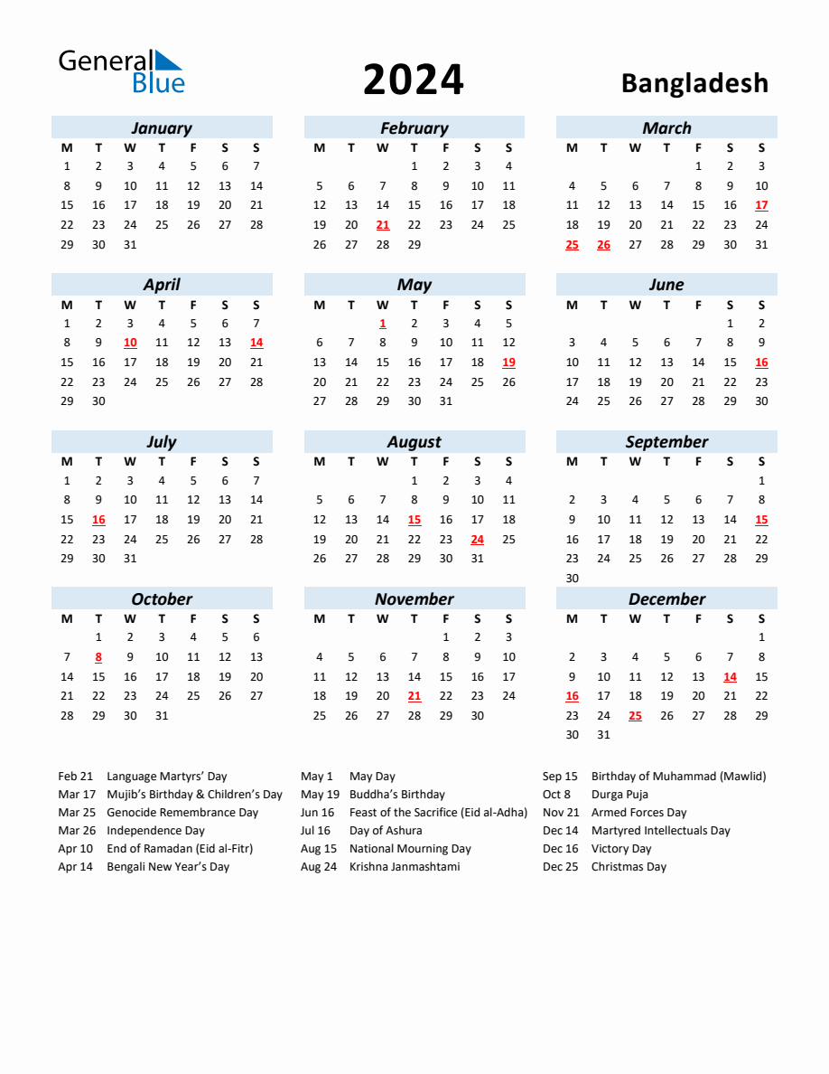 2024 Yearly Calendar for Bangladesh with Holidays