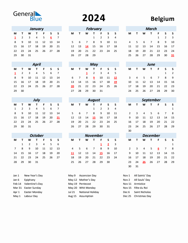 2024 Yearly Calendar for Belgium with Holidays