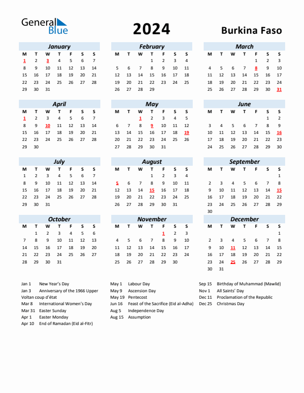 2024 Calendar for Burkina Faso with Holidays