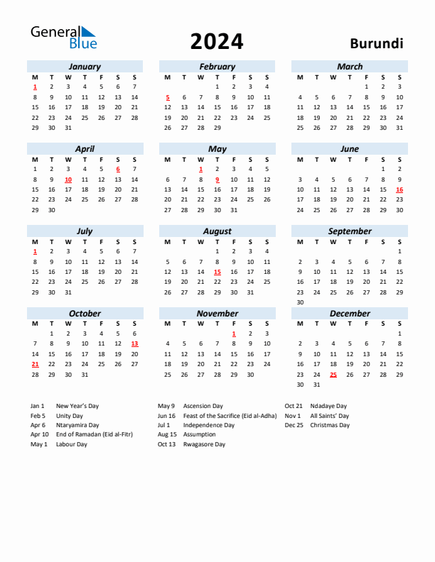 2024 Calendar for Burundi with Holidays