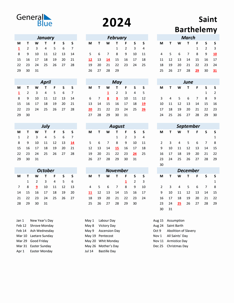 2024 Yearly Calendar for Saint Barthelemy with Holidays