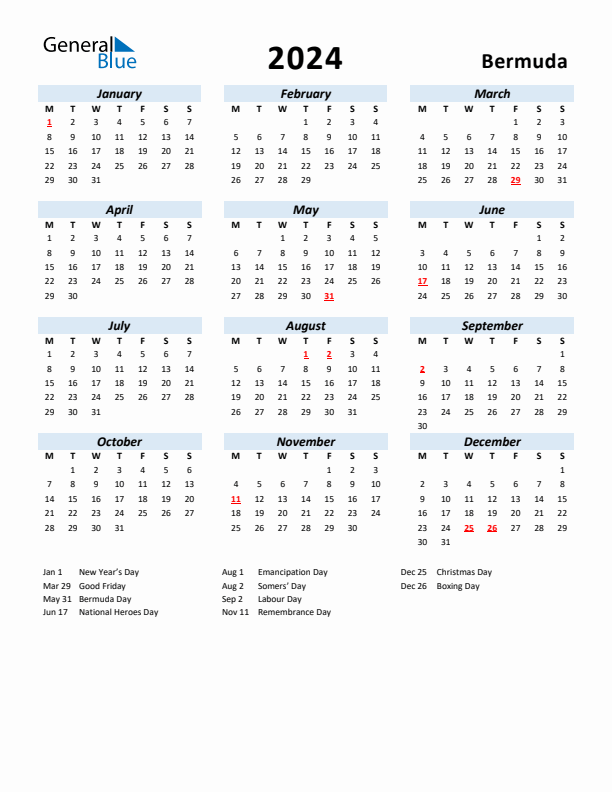 2024 Calendar for Bermuda with Holidays