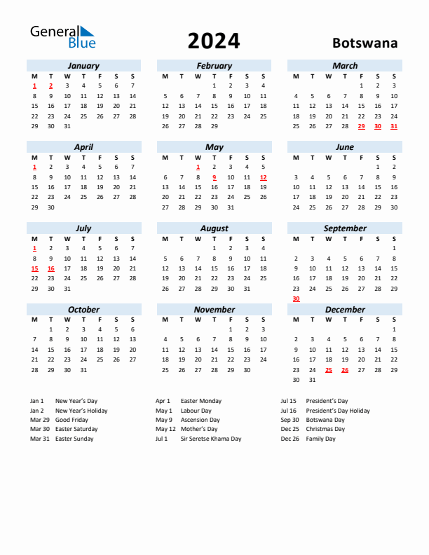2024 Yearly Calendar for Botswana with Holidays