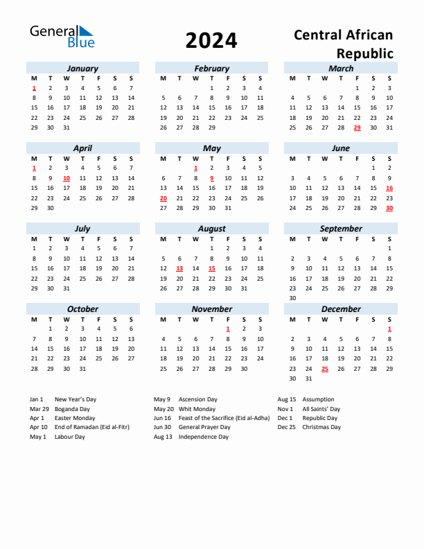 2024 Calendar for Central African Republic with Holidays
