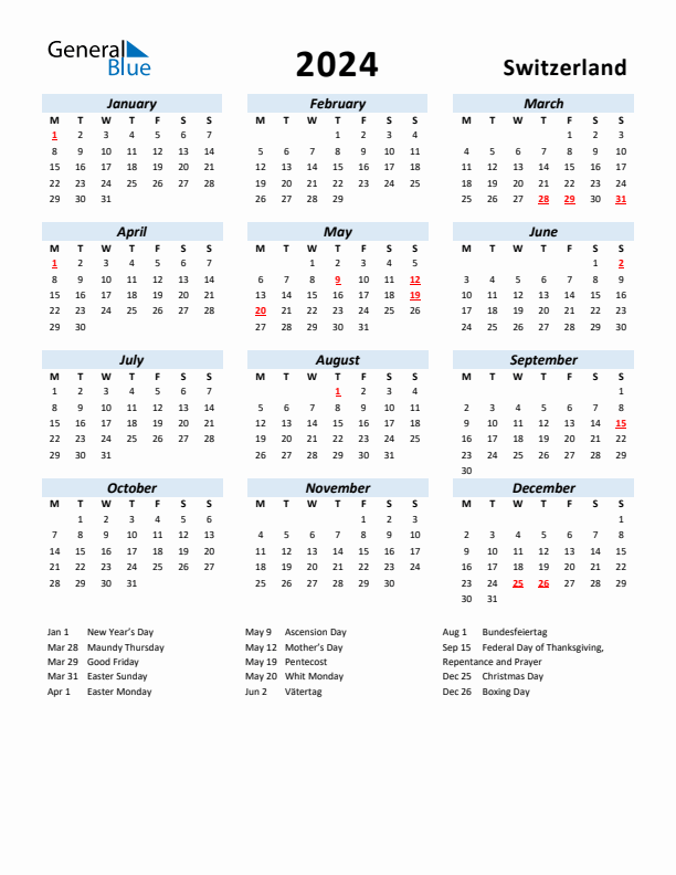 2024 Holiday Calendar for Switzerland Monday Start
