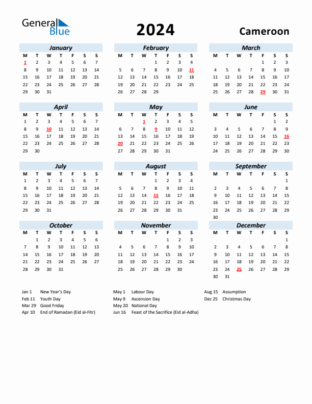 2024 Calendar for Cameroon with Holidays