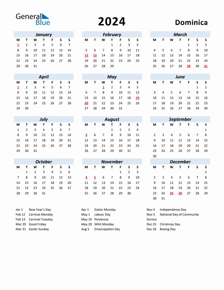 2024 Yearly Calendar for Dominica with Holidays