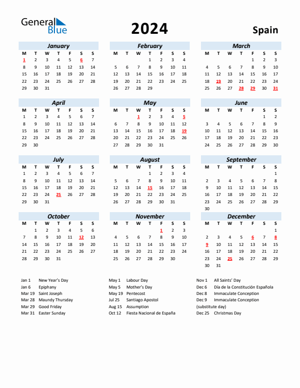 2024 Yearly Calendar for Spain with Holidays