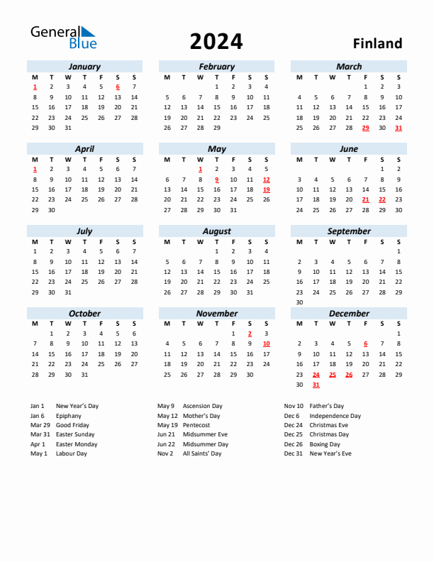 2024 Yearly Calendar for Finland with Holidays