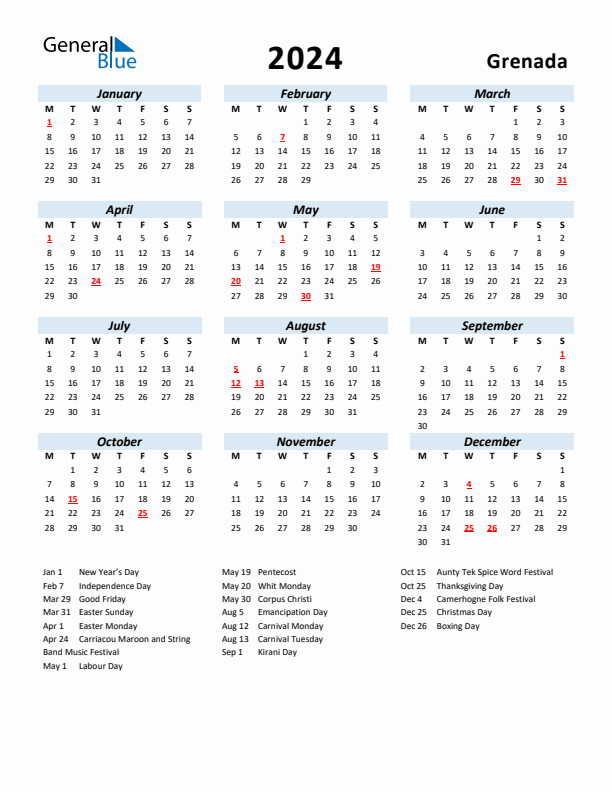 2024 Calendar for Grenada with Holidays