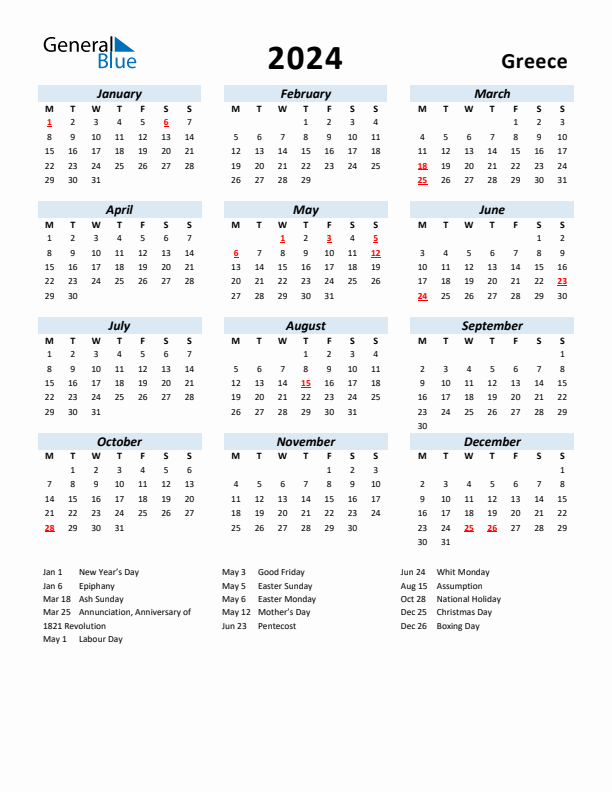 2024 Calendar for Greece with Holidays